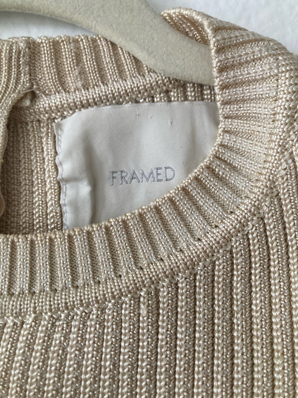 Frame Denim Neutral Metallic Cream Ribbed Short Sleeve Top - Picture 2 of 5